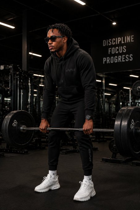 A man in black athletic wear and sunglasses performing a barbell deadlift in a gym setting, with a wall sign reading 'DISCIPLINE FOCUS PROGRESS' in the background.