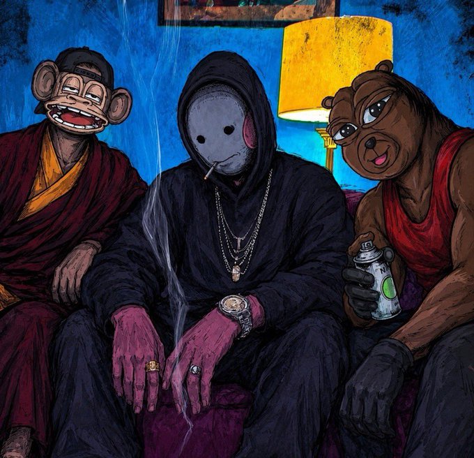 An illustrated artwork shows three characters sitting on a couch: a monkey in red robes, a hooded figure in black smoking a cigarette with chains, and a brown bear in a red tank top holding a spray can.