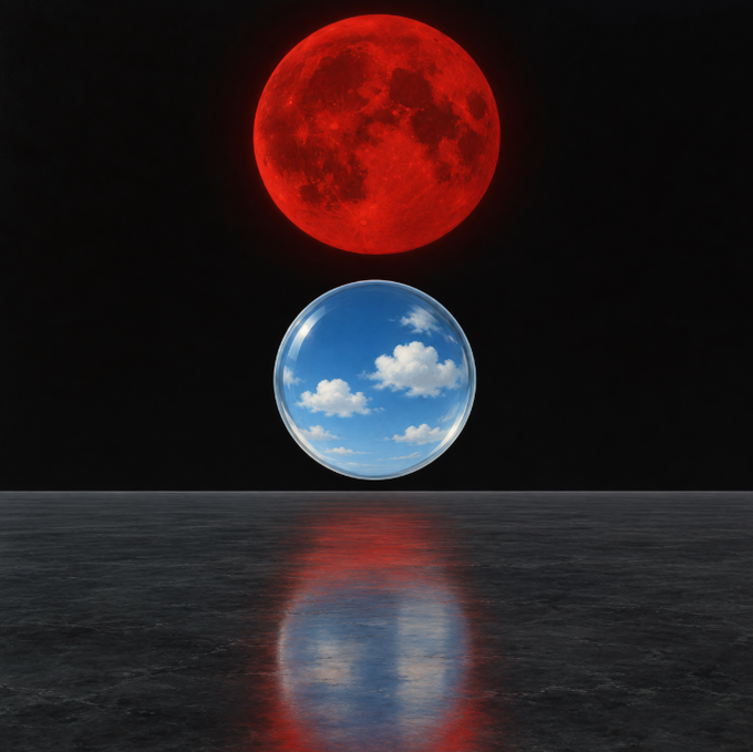 A surreal digital artwork depicting a glowing red moon positioned above a transparent sphere containing a blue sky with white clouds, both reflected on a dark, watery surface below.