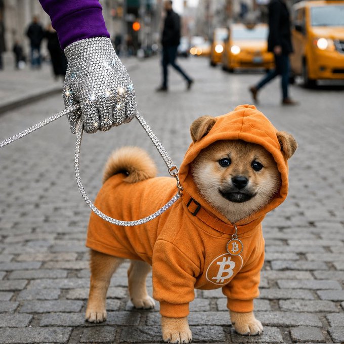 A Shiba Inu dog wearing an orange hoodie with a Bitcoin (B) logo and medallion, being walked on a sparkly leash held by a hand in a bedazzled glove on a city street with taxis in the background.