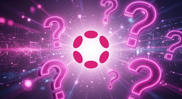 Digital illustration featuring a glowing pink and white circular symbol surrounded by neon pink question marks on a dark tech-themed background.