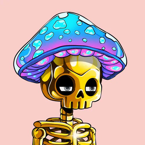 A stylized golden skeleton wearing a vibrant blue and purple spotted mushroom cap, evoking the "tripping" transcendence referenced in the post about the "Gorgez 4823" NFT sale. The cartoonish, psychedelic design visually represents the "transcendence" theme celebrated in the DropDed Gorgez collection.