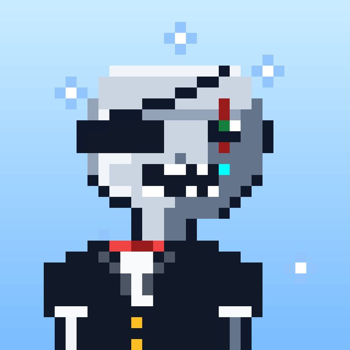 A pixel art illustration depicts a gray skull-headed character in a dark suit with a red collar detail against a blue background with sparkle effects.