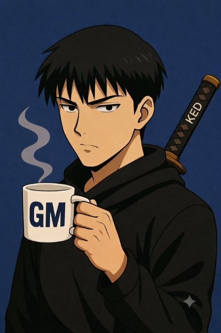 Anime-style illustration of a serious man in a black hoodie holding a steaming 'GM' mug, with a katana labeled 'KED' on his back.