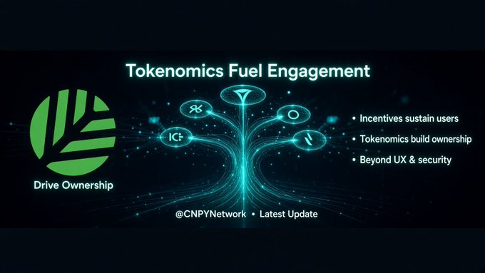 Dark themed graphic titled 'Tokenomics Fuel Engagement' featuring a green 'Drive Ownership' logo and a glowing neon tree-like network with icons, alongside bullet points about incentives and ownership.