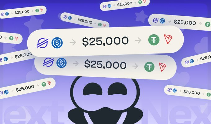 The image features a cute purple alien-like character at the bottom center, surrounded by floating transaction bars on a purple background decorated with stars. Each transaction bar displays "$25,000" along with icons showing a transfer from Stellar (USDC logo) to TRON (green "T" logo), visually representing the 11 identical $25,000 USDC transfers totaling $275,000 mentioned in the TRON DAO post.