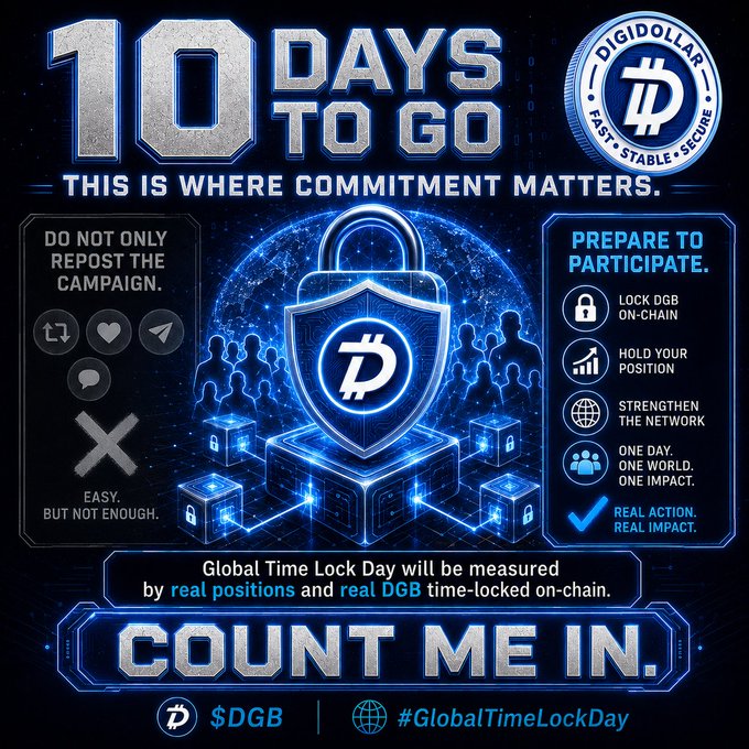 A Digibyte (DGB) promotional graphic for 'Global Time Lock Day' with '10 DAYS TO GO', featuring a padlock shield logo and instructions to 'LOCK DGB ON-CHAIN', 'HOLD YOUR POSITION', and 'STRENGTHEN THE NETWORK', ending with 'COUNT ME IN' and the hashtag #GlobalTimeLockDay.