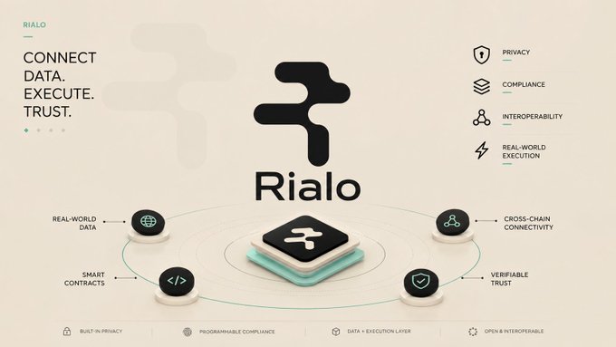 A promotional graphic for **Rialo** features the tagline "CONNECT. DATA. EXECUTE. TRUST." alongside a central logo and key pillars—**Privacy, Compliance, Interoperability, and Real-World Execution**—while highlighting features like smart contracts, cross-chain connectivity, and verifiable trust. The image visually reinforces the post's emphasis on **staying vigilant** and verifying sources before interacting with Rialo-related projects, complementing the user's "check first" security habits.