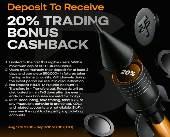 A promotional advertisement for 'BloFin' announces a 'Deposit To Receive 20% TRADING BONUS CASHBACK' alongside terms and conditions, featuring a 3D illustration of a rocket and coins.