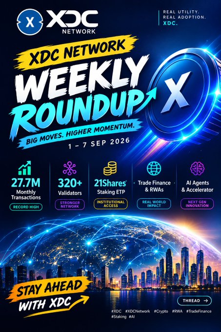 An XDC Network promotional graphic titled "WEEKLY ROUNDUP" for 1-7 Sep 2026, highlighting statistics like 27.7M monthly transactions, 320+ validators, and 215k shares staking ETP, with hashtags #XDC #XDCNetwork #Crypto #RWA #TradeFinance #Staking #AI.