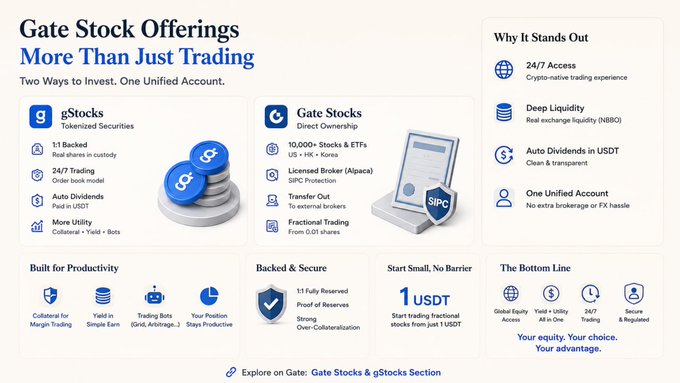 An infographic for Gate Stock Offerings with the headline 'More Than Just Trading,' comparing gStocks (Tokenized Securities) and Gate Stocks (Direct Ownership) with features like 24/7 Access, Deep Liquidity, and Auto Dividends in USDT.