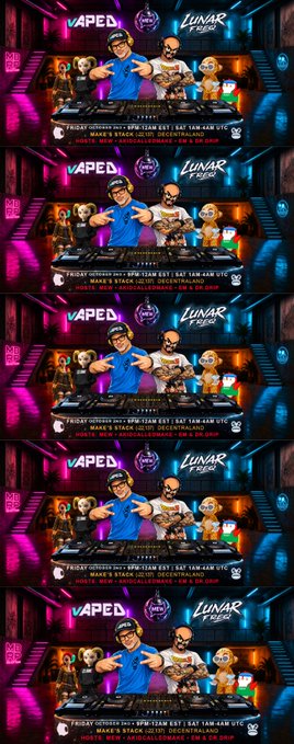 A promotional poster for 'VAPED' and 'LUNAR' features animated characters, including a man in a blue cap, alongside event details like 'FRIDAY OCTOBER 10TH' at '8PM-12AM' with '21+' age requirement.
