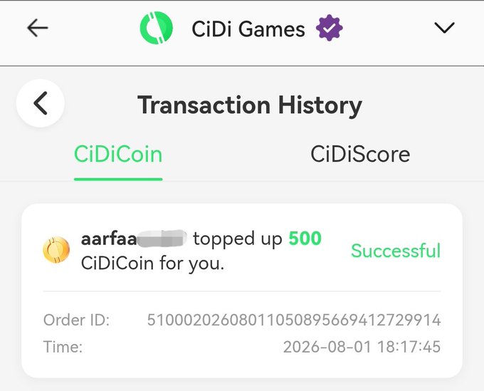 A screenshot of a CiDi Games transaction history page showing a successful 500 CiDiCoin top-up, with an order ID of 51000202608011050895669412729914 dated 2026-08-01 18:17:45.