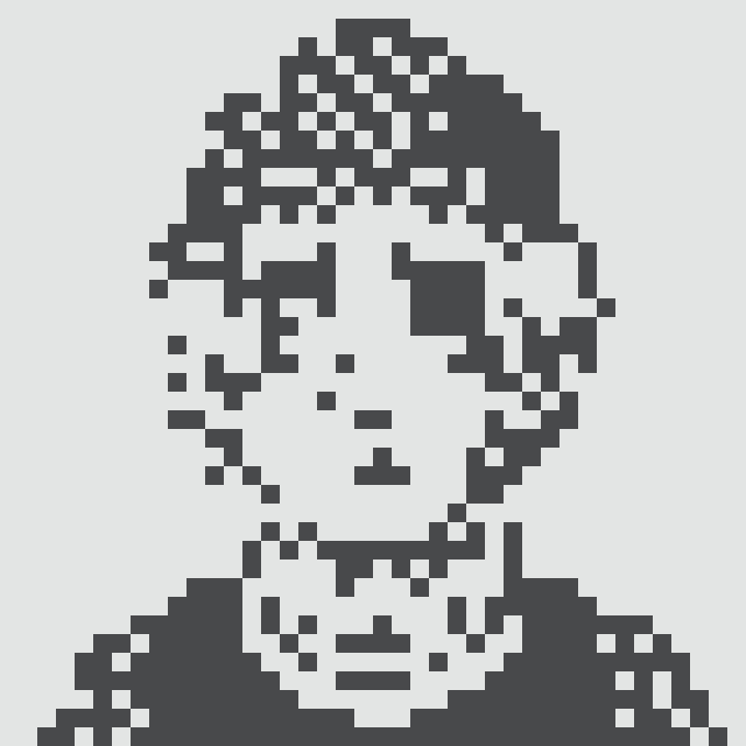 Pixelated black and white portrait of a person with curly hair and a neutral expression.