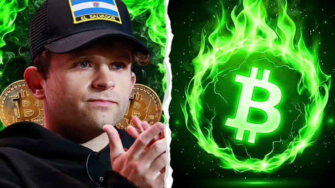 A man wearing an 'El Salvador' cap is pictured next to a glowing green Bitcoin logo surrounded by flames.