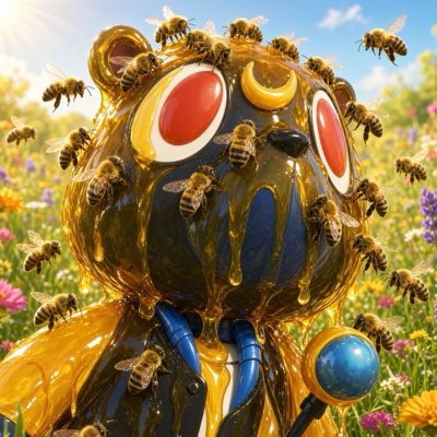 A 3D-rendered, glossy golden bear-like figure covered in bees in a sunny field of wildflowers.