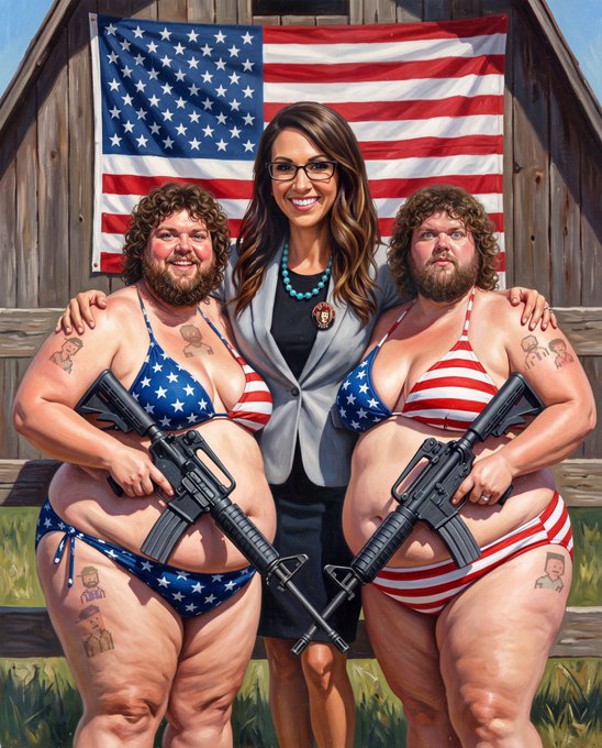 The image is a satirical painting depicting a woman resembling U.S. Congresswoman Lauren Boebert standing between two heavily built men in American flag bikinis, each holding AR-15 rifles, in front of a wooden barn draped with a large U.S. flag. The figures have visible tattoos and exaggerated facial features, and the woman's brooch appears to show a small political portrait. The accompanying post references "NAKAMIGOS," a slang term combining "NRA" (National Rifle Association) and "amigos," used to mock gun-rights supporters—fitting the image's caricature of gun culture and political hypocrisy, with the women wielding firearms in a provocative, patriotic display.