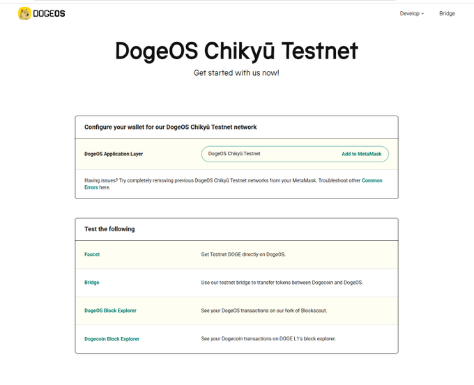 A webpage for DogeOS Chikyū Testnet showing options to configure a wallet, add to MetaMask, and access test tools like Faucet, Bridge, and Block Explorer.