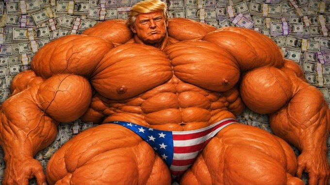 A muscular, bodybuilder-style illustration of Donald Trump wearing American flag-themed briefs, posed against a backdrop of stacks of US currency.