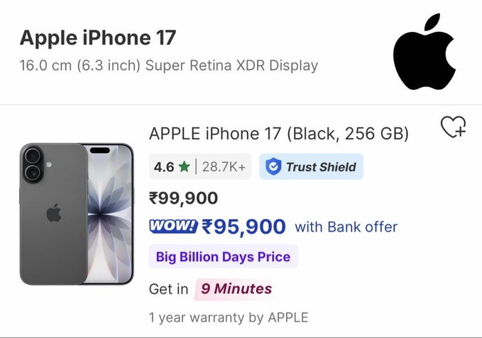 An advertisement for the Apple iPhone 17 (Black, 256 GB) priced at ₹99,900, with a special "WOW!" offer of ₹95,900 with a Bank offer during the "Big Billion Days Price" sale.