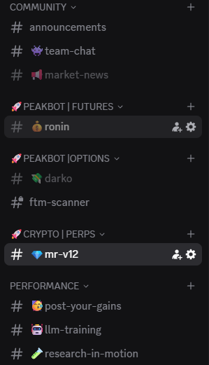 A Discord channel sidebar showing categories like COMMUNITY (#announcements, #team-chat, #market-news), PEAKBOT | FUTURES (#ronin), PEAKBOT | OPTIONS (#darko, #ftm-scanner), CRYPTO | PERPS (#mr-v12), and PERFORMANCE (#post-your-gains, #llm-training, #research-in-motion).