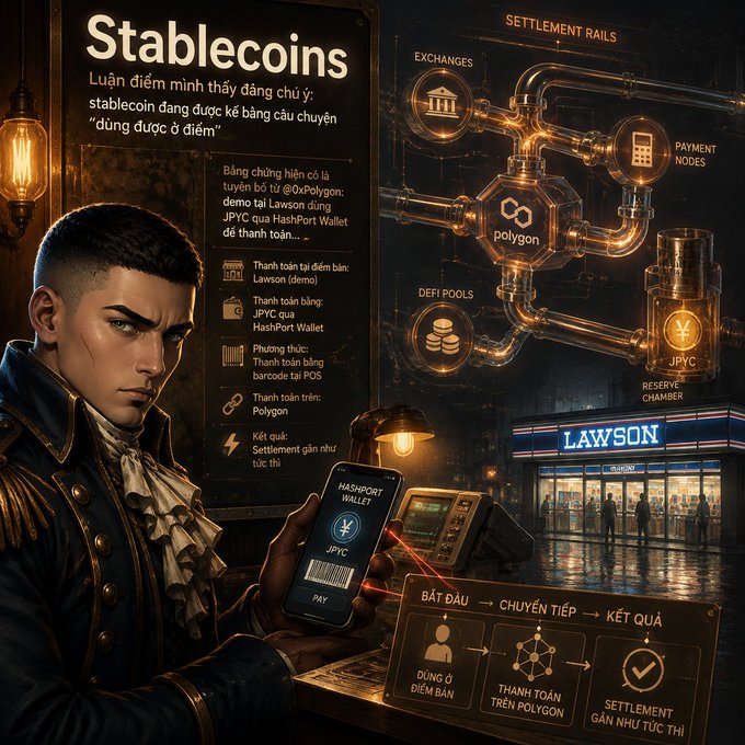 An illustrated promotional graphic about Stablecoins in Vietnamese, featuring a man holding a phone displaying 'JPYC HASH PORT WALLET' payment, with 'polygon' and 'LAWSON' branding visible.