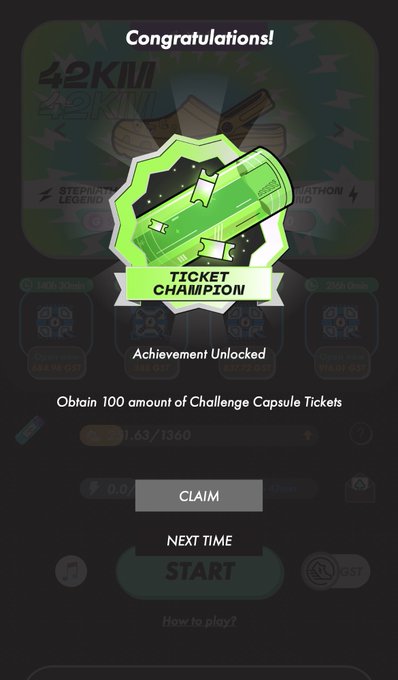 A "Congratulations!" achievement screen displays a green "TICKET CHAMPION" badge unlocked for obtaining 100 Challenge Capsule Tickets, with options to claim, view next time, or start. The image aligns with the post "#STEPN 新しいバッジ" (new badge), celebrating the player's newly earned milestone badge in the STEPN app.