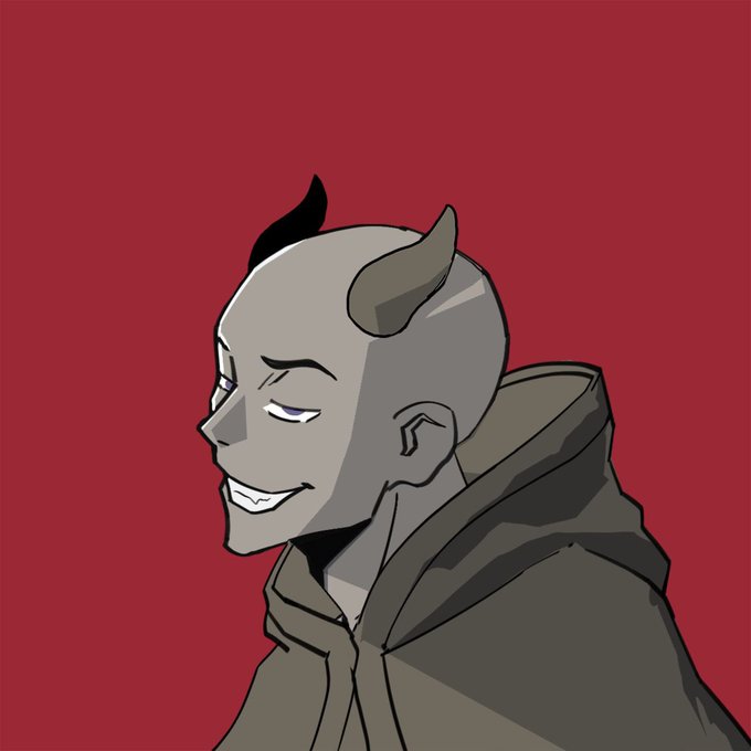 A digital illustration of a horned, gray-skinned demon-like character with a mischievous smile, wearing a dark hooded cloak against a red background.