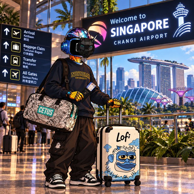 An illustrated character wearing a helmet and 'NOZOMI UNIVERSITY' shirt stands at Changi Airport with luggage labeled 'CETUS' and 'Lofi', in front of a 'Welcome to SINGAPORE' sign.