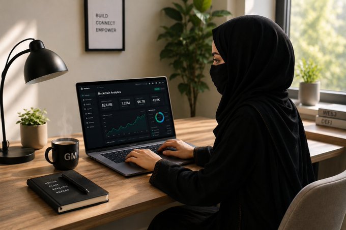 A person in traditional attire analyzes blockchain analytics on a laptop, showcasing the focus on utility, speed, and usage in Web3 as suggested by the surrounding desk items and books titled "WEB3" and "DEFI".