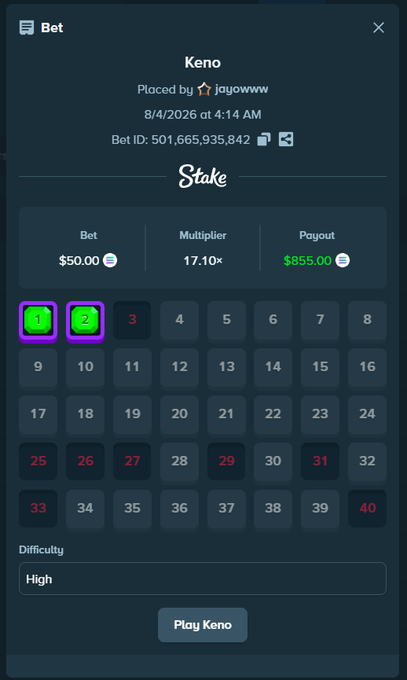 A Stake.com Keno betting slip from user "jayowww" dated 8/4/2026 at 4:14 AM shows a $50.00 bet on numbers 1 and 2 with a 17.10x multiplier, yielding an $855.00 payout—supporting the poster's claim of being a "keno god" and encouraging others to share Solana addresses.