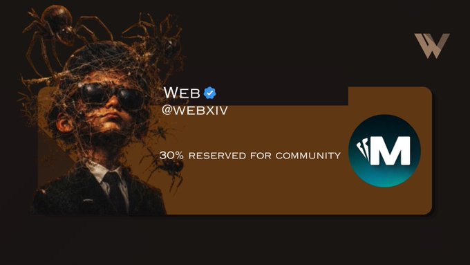 A promotional graphic for a Twitter/X account @WEBXIV featuring dark artwork with spiders and sunglasses, mentioning "30% RESERVED FOR COMMUNITY" with a Monogram 'M' logo.