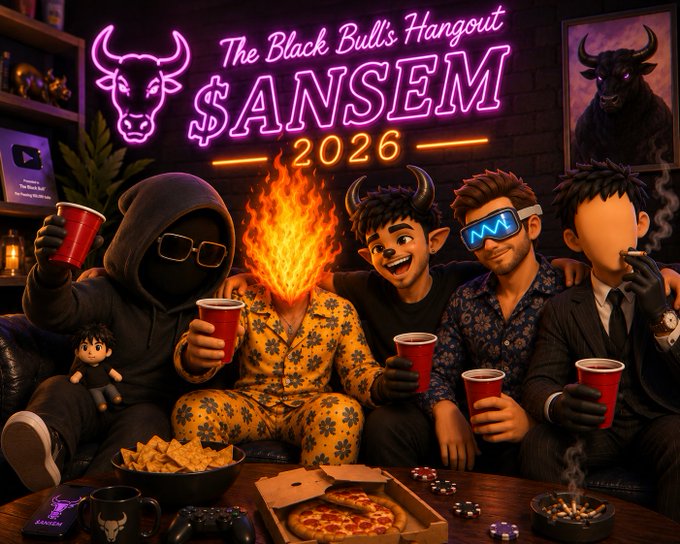 An illustrated scene titled "The Black Bull's Hangout $ANSEM 2026" showing cartoon characters in suits and pajamas holding red cups, with a flaming bull head in the center.