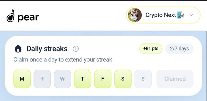 The image is a screenshot of a computer screen with a daily reminder posted for Pear. The reminder says "Daily reminders", which indicates that Pear is sending reminder messages throughout the day. It also mentions rewards, implying that there could be some sort of reward system in place for active users who complete their daily tasks or check-ins. The specific reward seems to be related to fitness activities, as it suggests that a few seconds today would count towards future points or achievements toward a larger goal.