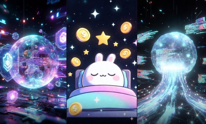 The image features three different illustrations, each depicting a unique scene related to web3 projects or blockchain technology. The first illustration shows a white rabbit sleeping peacefully inside a blue bed with gold stars above it. The second illustration depicts a large purple ball floating in space surrounded by stars and coins. The third illustration portrays an animated cartoon character wearing a blue hat and holding a golden coin, also surrounded by stars and coins. These illustrations are part of a larger post that discusses the development of web3 projects and blockchain technology, highlighting their potential for revolutionizing various industries.