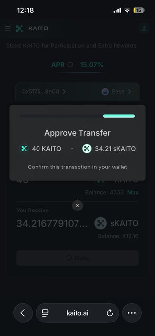Mobile screenshot of kaito.ai showing a crypto transaction approval request to stake 40 KAITO and receive 34.21 sKAITO at 15.07% APR.