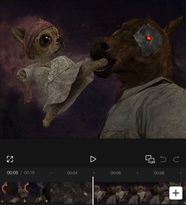 A video editing interface displaying a dark, surreal scene of a doll-like figure with a bandana being held by a horse character with a metal plate and red glowing eye on its head.