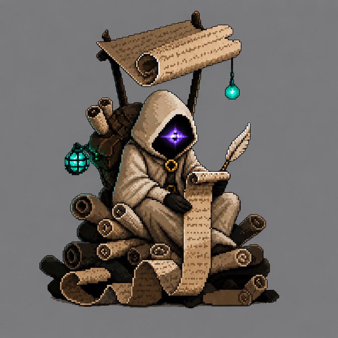 Pixel art of a hooded figure with a glowing purple diamond-shaped face, sitting on a pile of scrolls and writing on a long parchment with a quill pen, accompanied by a glowing teal lantern.
