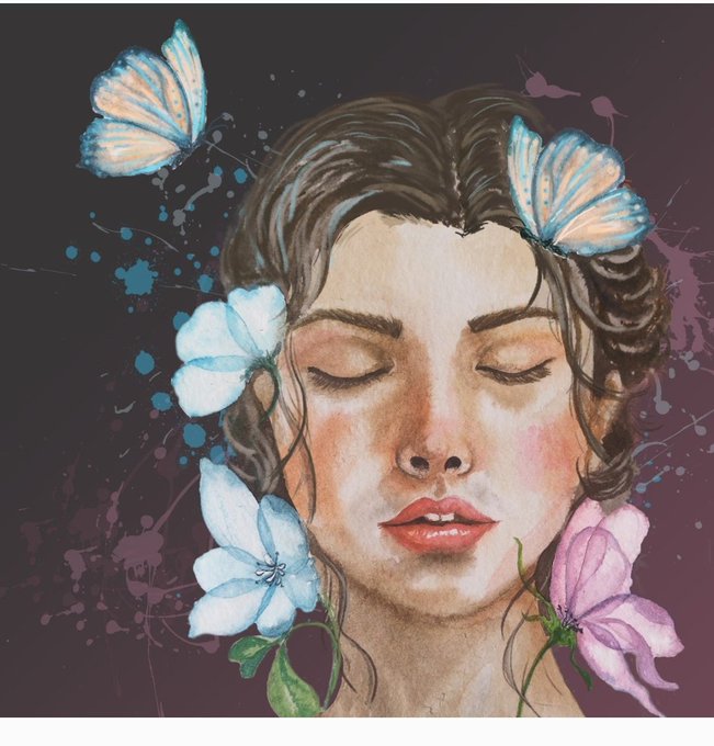 A watercolor-style portrait of a serene woman with closed eyes, framed by blue butterflies and flowers against a dark splattered background.