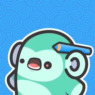 A cute cartoon illustration of a green character with big eyes, holding a blue crayon or pencil over its head, set against a patterned blue background.