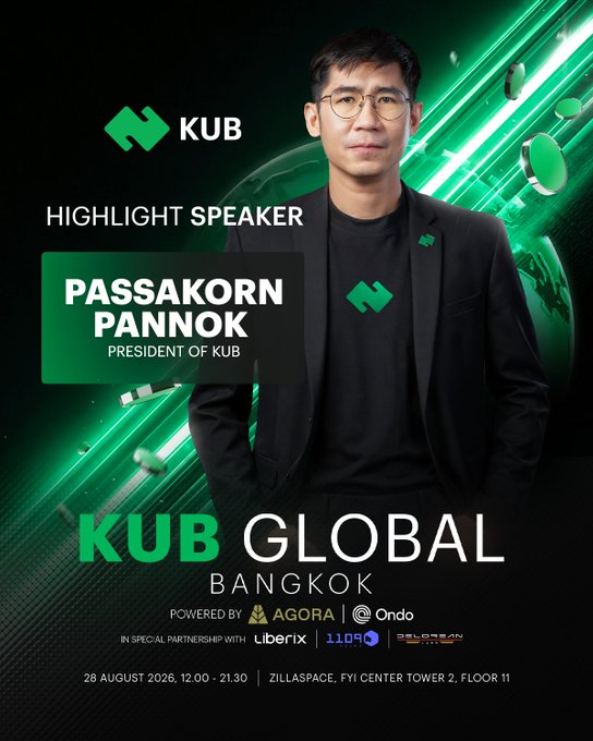 A promotional graphic for 'KUB GLOBAL BANGKOK' introduces highlight speaker 'PASSAKORN PANNOK, PRESIDENT OF KUB', event details for '28 AUGUST 2026', and partner logos.