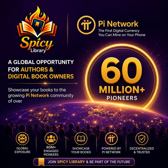 A promotional graphic for Spicy Library featuring its flaming book logo and Pi Network branding highlights an opportunity for authors and digital book owners to showcase their work to over 60 million Pi Network Pioneers, emphasizing key benefits like global exposure, an engaged audience, and decentralization.