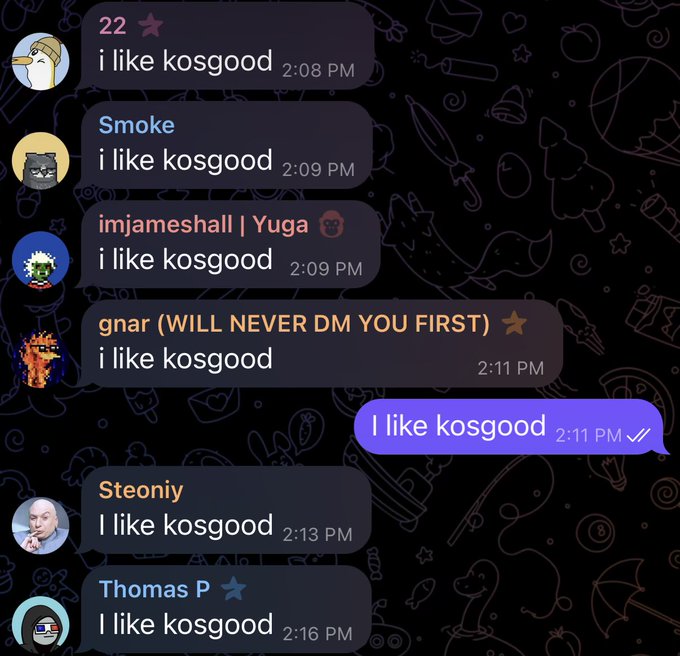A Discord chat screenshot showing multiple users (22, Smoke, imjameshali Yuga, gnar, SteoniIy, Thomas P) all sending the message "i like kosgood," with the user's own reply in purple.