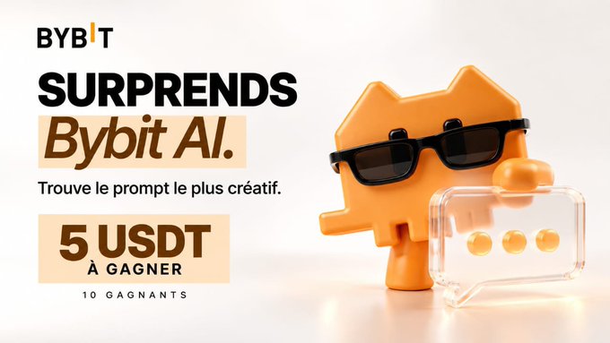 A promotional image for Bybit featuring an orange mascot character wearing sunglasses and holding a chat bubble icon, with French text announcing a contest to "SURPRENDRE Bybit AI" (Surprise Bybit AI) by submitting the most creative prompt, with 5 USDT prizes for 10 winners. The image visually represents the social media contest described, showcasing the playful brand character inviting users to engage with Bybit's new AI tool.