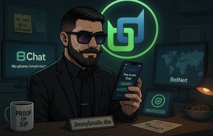 A cartoon illustration of a bearded man in sunglasses holding a phone displaying 'Pay as you Chat' with text including 'BChat', 'No phone/email requi[red]', 'BelNet', '10,000 BDX collateral', 'JimmySmalls.dbx', and a mug labeled 'PROOF OF SIP'.