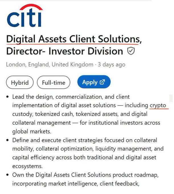 A job listing for a Citi 'Digital Assets Client Solutions, Director - Investor Division' position in London, a full-time hybrid role focused on crypto custody, tokenized cash, tokenized assets, and digital collateral management.