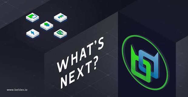 A promotional graphic from beldex.io featuring the text 'WHAT'S NEXT?' alongside the Beldex logo and icons representing messaging, video, email, lightning payments, and other features on a dark background.