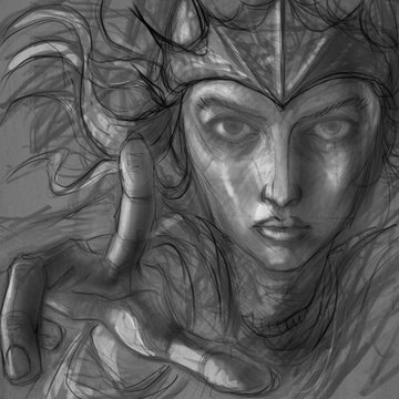 Black and white digital sketch of a female warrior wearing a pointed helmet, with a hand extended forward and an intense gaze.