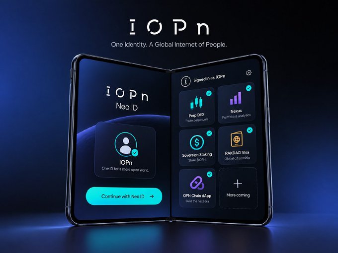 A promotional image for "iOPn" with the tagline "One Identity. A Global Internet of People." features a foldable smartphone displaying the Neo ID platform, which offers a unified sign-in to multiple services including Perp DEX, Nexus, Sovereign Staking, BAKDAG Visa, and an OPN Chain dApp marketplace, directly supporting the post's message of using one NEO ID across the OPN Chain ecosystem.