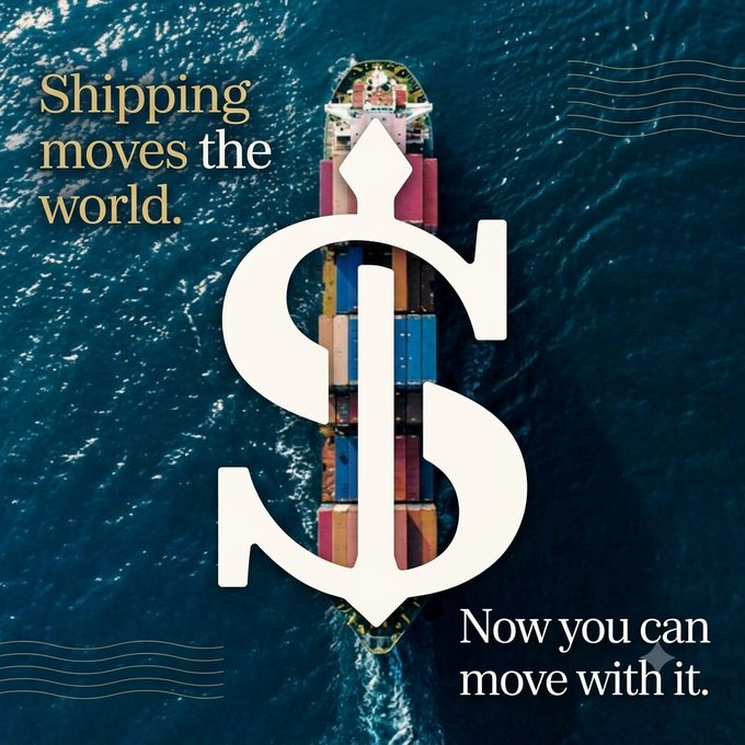 A promotional graphic featuring an aerial view of a container ship with the text 'Shipping moves the world. Now you can move with it.' around a dollar sign logo.